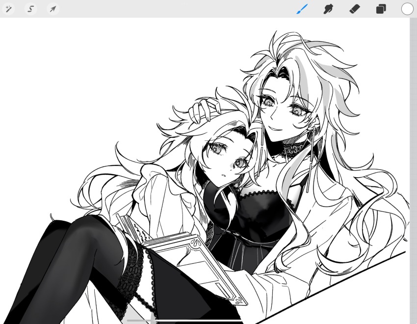 2girls, antenna_hair, book, book_on_lap, breast_pillow, breasts, chinese_commentary, choker