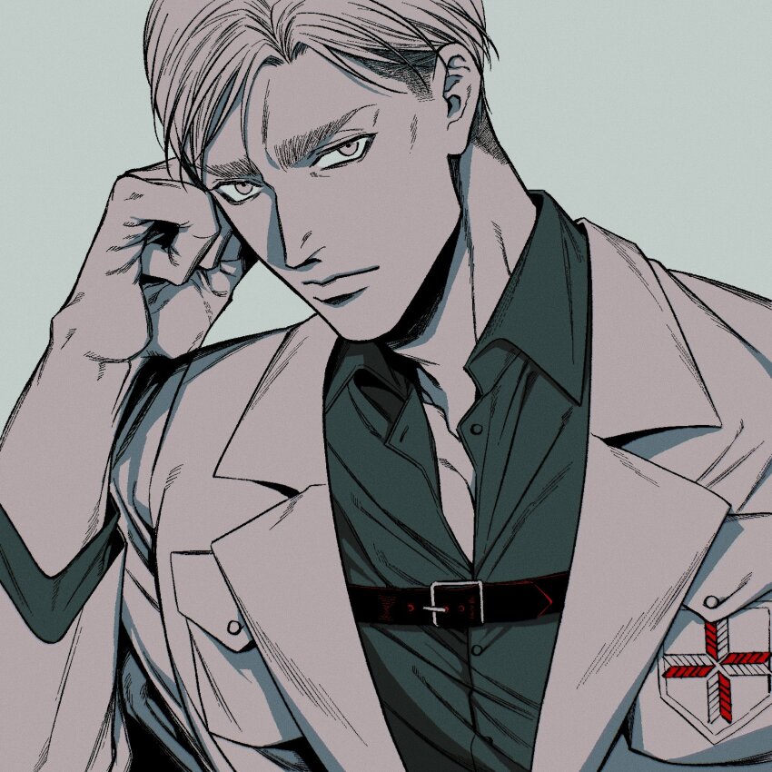 1boy, arm_up, belt, belt_buckle, breast_pocket, buckle, chest_belt, closed_mouth