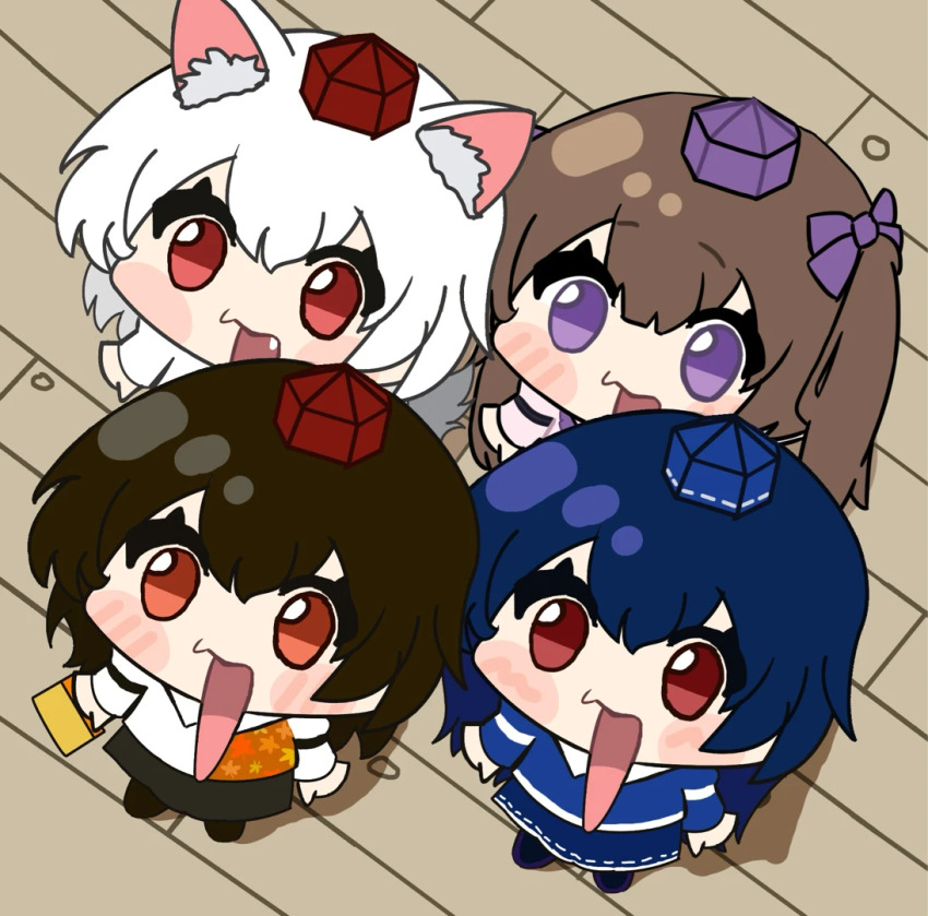 4girls, animal_ear_fluff, animal_ears, bai_huashu, black_skirt, blue_hair, blue_shirt, blue_skirt, blush, bow, brown_hair, chinese_commentary, commentary_request, fang, from_above, full_body, hair_bow, hat, himekaidou_hatate, iizunamaru_megumu, inubashiri_momiji, long_hair, looking_at_viewer, multiple_girls, open_mouth, parody, purple_bow, purple_hat, red_eyes, red_hat, shameimaru_aya, shirt, short_hair, skirt, standing, style_parody, tengu_family_of_gensokyo_(touhou), tokin_hat, touhou, twintails, white_hair, white_shirt, wolf_ears, wolf_girl, zeroku77_(style)