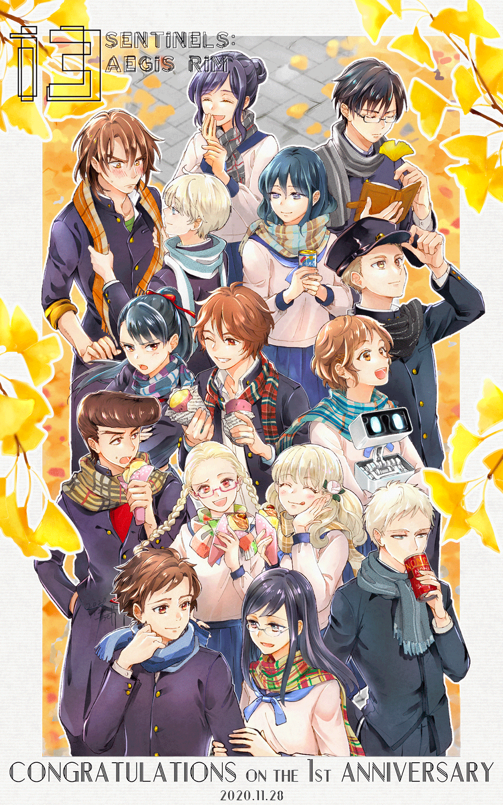 6+boys, 6+girls, amiguchi_shuu, anniversary, autumn, autumn_leaves, bj_(juusan_kihei_bouei_ken), black_hair