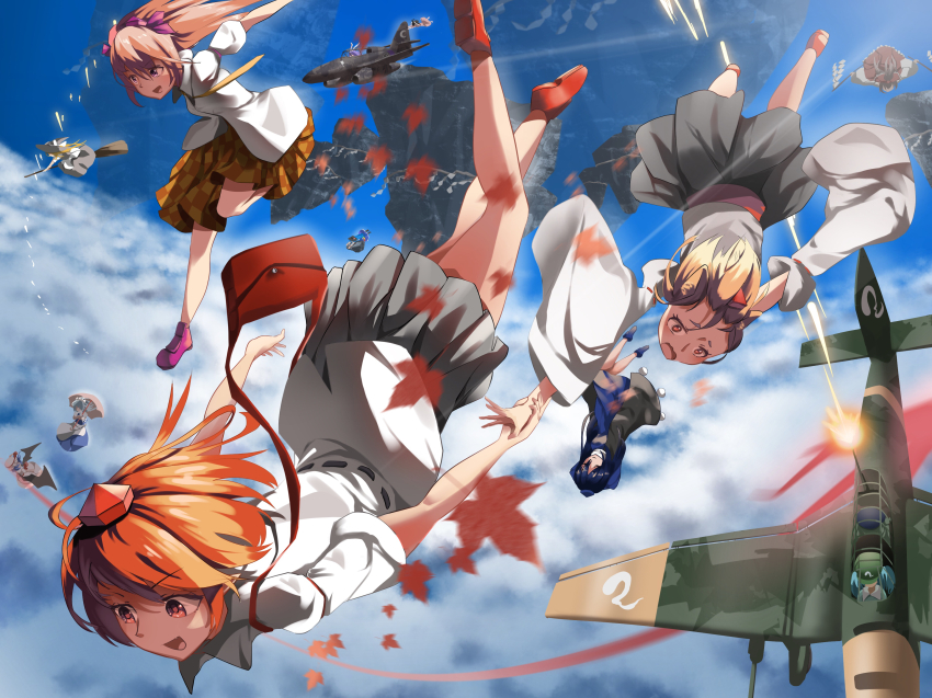 6+girls, absurdres, aircraft, aircraft_turret, airplane, animal_ears, bai_huashu, black_skirt