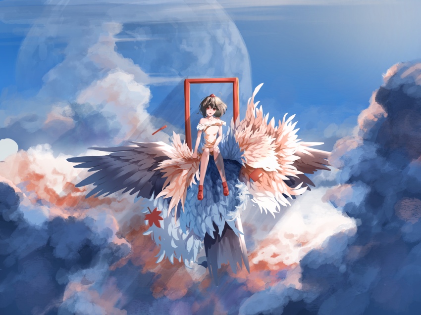 1girl, absurdres, alternate_costume, bai_huashu, black_hair, black_wings, blue_sky, book