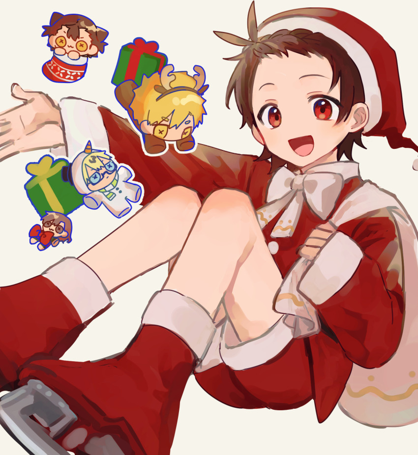 akeuraji_tsukasa, box, braid, braided_bangs, brown_hair, christmas, gift, gift_box, gohannnootomo, hat, highres, medalist_(manga), miketa_ryouka, open_mouth, santa_costume, santa_hat, skates, smile, sonidori_rioh, yuitsuka_inori
