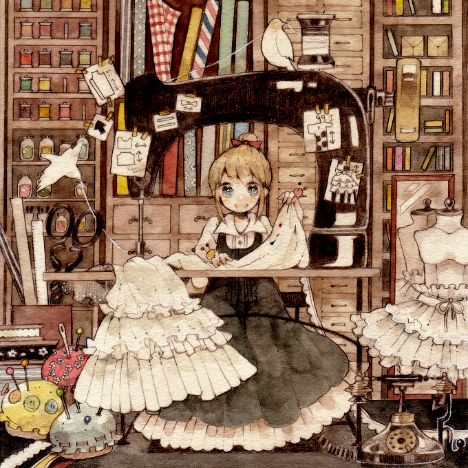 1girl, antique_phone, bird, black_dress, blue_eyes, blush_stickers, bow, brown_hair