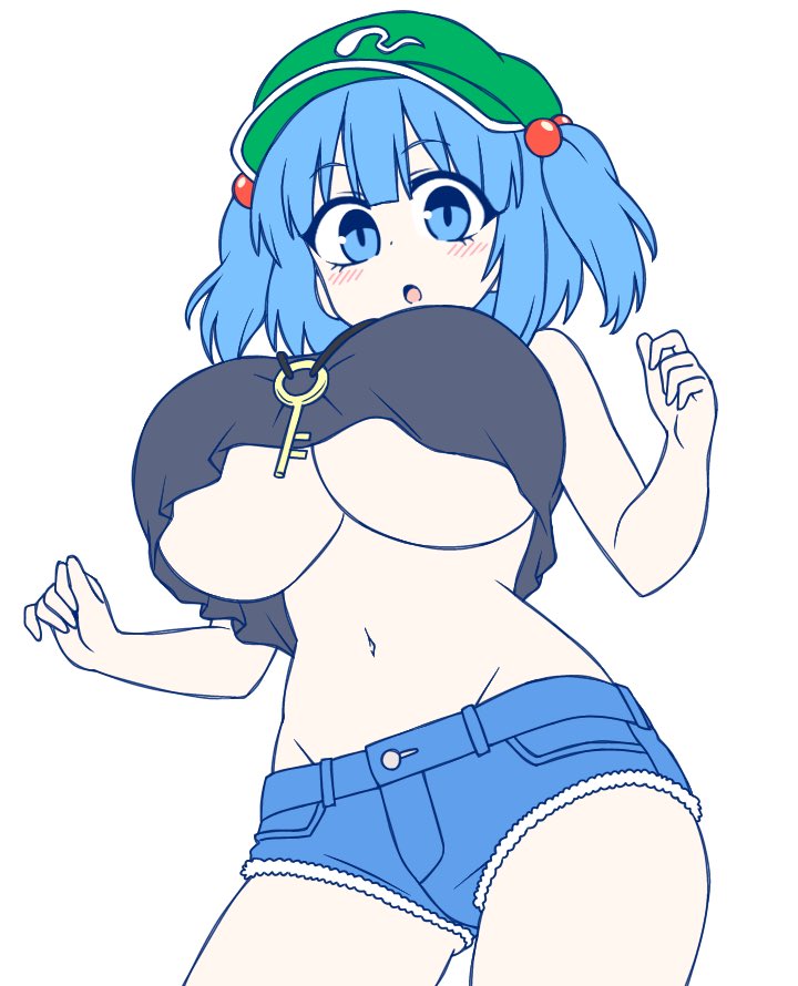 1girl, :o, alternate_costume, black_tank_top, blue_eyes, blue_hair, blue_shorts, blush