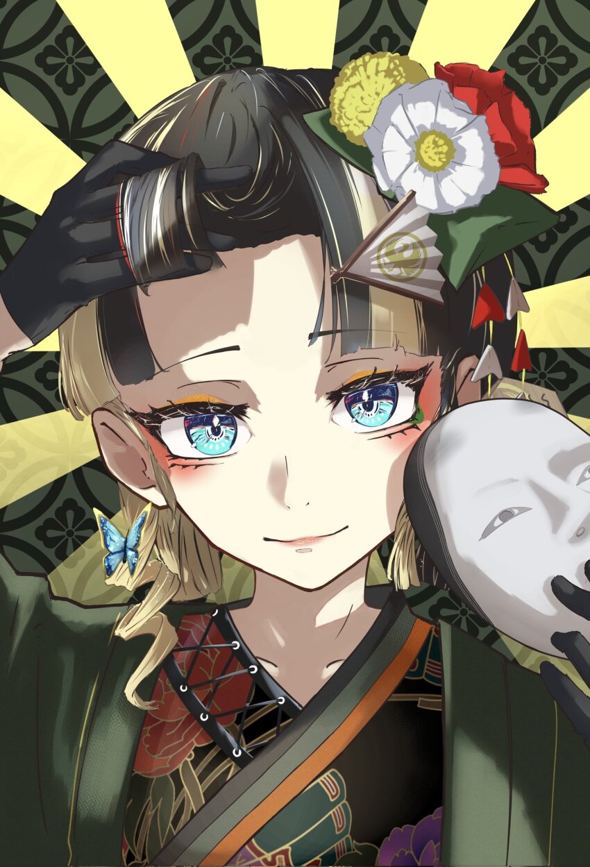 1girl, adjusting_hair, alternate_costume, alternate_hairstyle, black_gloves, black_hair, blonde_hair, blue_eyes, blunt_bangs, collarbone, curtained_hair, fan_hair_ornament, gloves, green_kimono, hair_ornament, half_gloves, hashtag-only_commentary, highres, holding, holding_mask, hololive, hololive_dev_is, japanese_clothes, juufuutei_raden, kanzashi, kimono, komachi_beni, layered_kimono, lips, looking_at_viewer, makeup, mask, multicolored_hair, multicolored_kimono, noh_mask, portrait, shippou_(pattern), solo, takuotsu_(yamataku110203), thick_eyelashes, two-tone_hair, virtual_youtuber