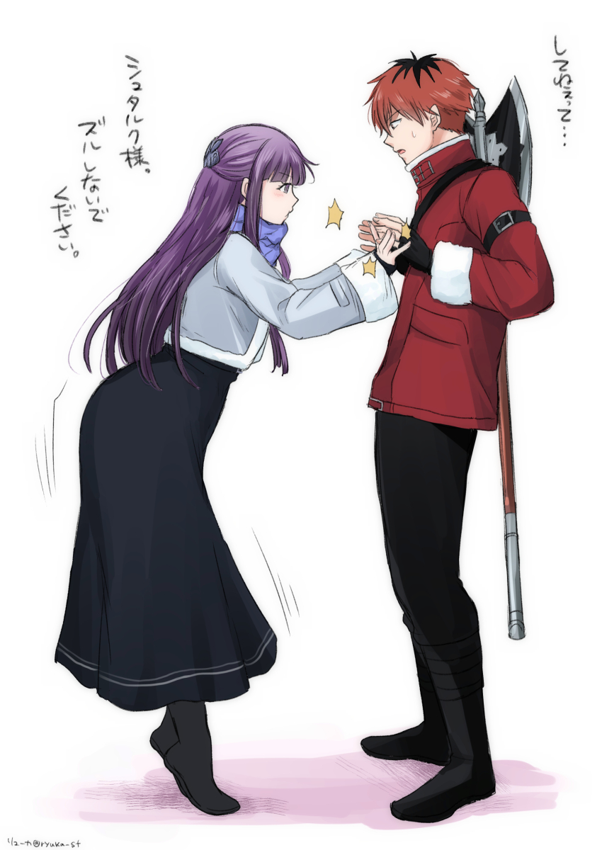 1boy, 1girl, absurdres, axe, battle_axe, black_coat, black_dress, black_gloves