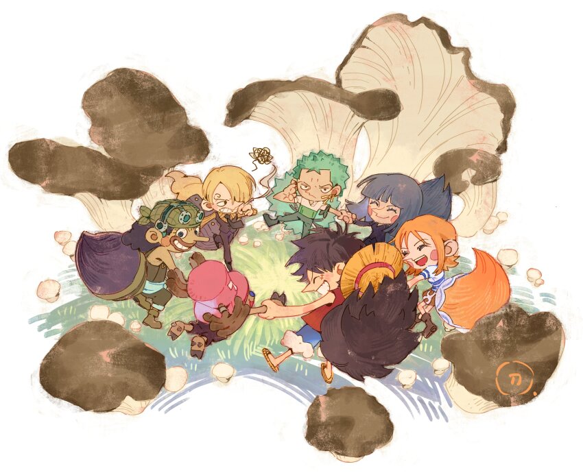 2girls, 5boys, ^_^, absurdres, antlers, bandana_around_arm, black_hair, black_suit