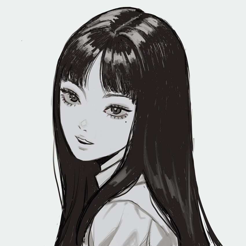 1girl, commentary_request, eyelashes, eyeshadow, greyscale, highres, kawakami_tomie, korean_commentary