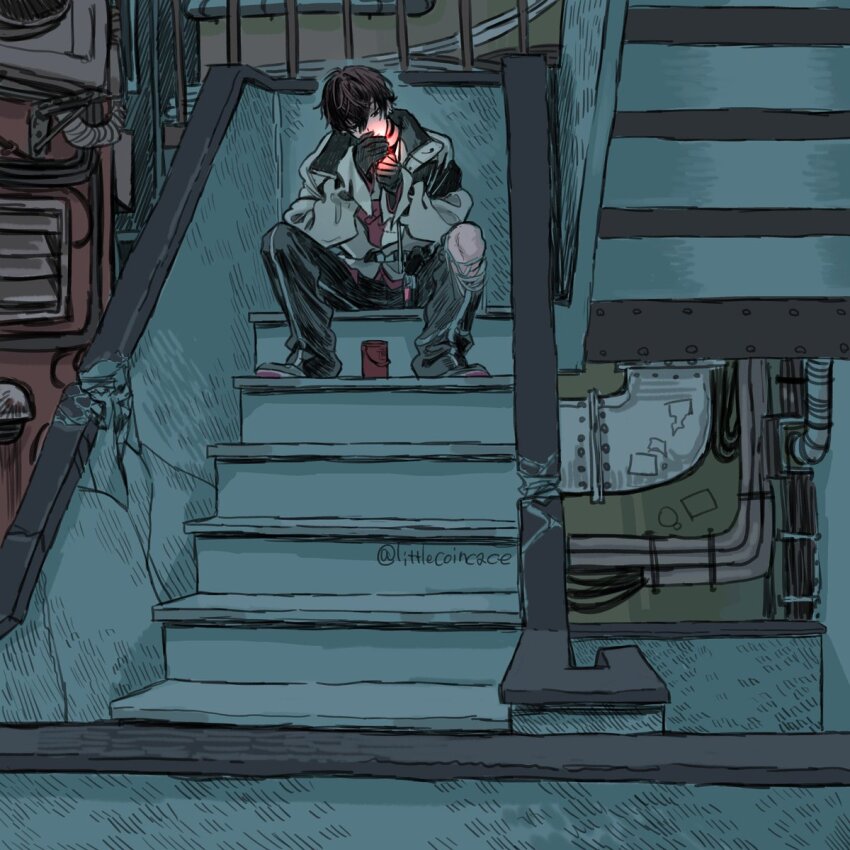 1boy, air_duct, black_choker, black_eyes, black_gloves, black_hair, black_pants, choker