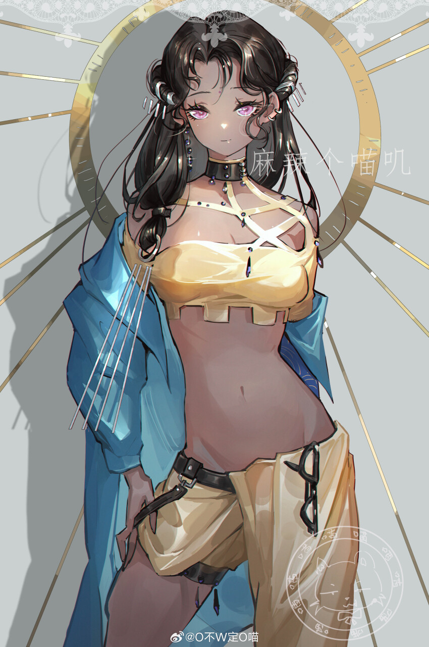 1girl, absurdres, artist_logo, artist_name, asymmetrical_clothes, bare_shoulders, bindi, black-framed_eyewear, black_choker, black_hair, blue_coat, breasts, choker, cleavage, closed_mouth, coat, cowboy_shot, cropped_shirt, dark-skinned_female, dark_skin, eyewear_hang, facial_mark, forehead_mark, glasses, grey_background, groin, hair_ornament, highres, hongyi_chen, kaalaa_baunaa, logo, long_hair, looking_at_viewer, medium_breasts, navel, off_shoulder, open_clothes, open_coat, pants, purple_eyes, reverse:1999, ring_hair_ornament, shadow, shirt, single_pantsleg, smile, solo, stomach, sunburst, sunburst_background, unworn_eyewear, watermark, weibo_watermark, yellow_pants, yellow_shirt