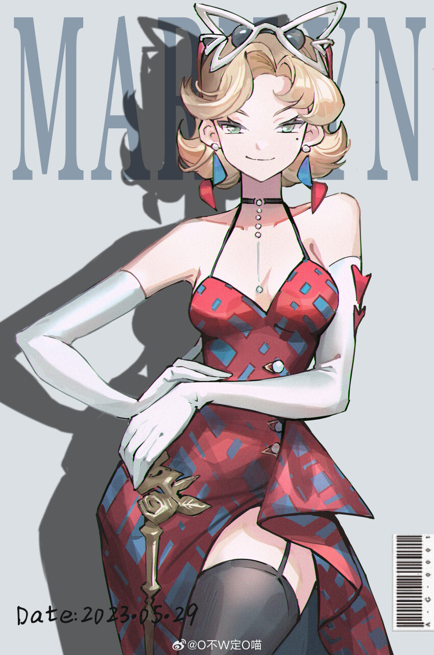 1girl, absurdres, barcode, bare_shoulders, black_choker, black_thighhighs, blonde_hair, breasts