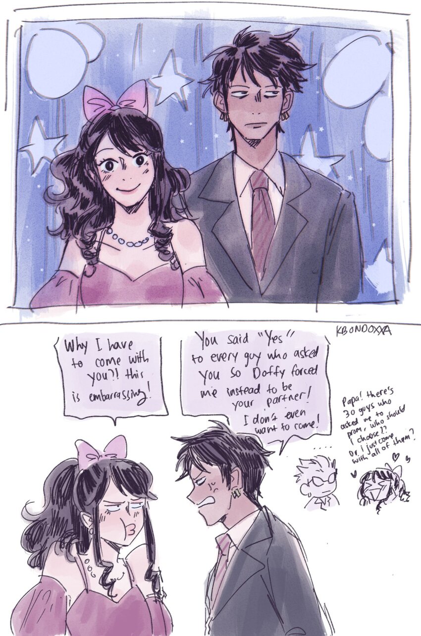 >_<, 1girl, 2boys, anger_vein, avaxxah, baby_5, black_hair, black_jacket