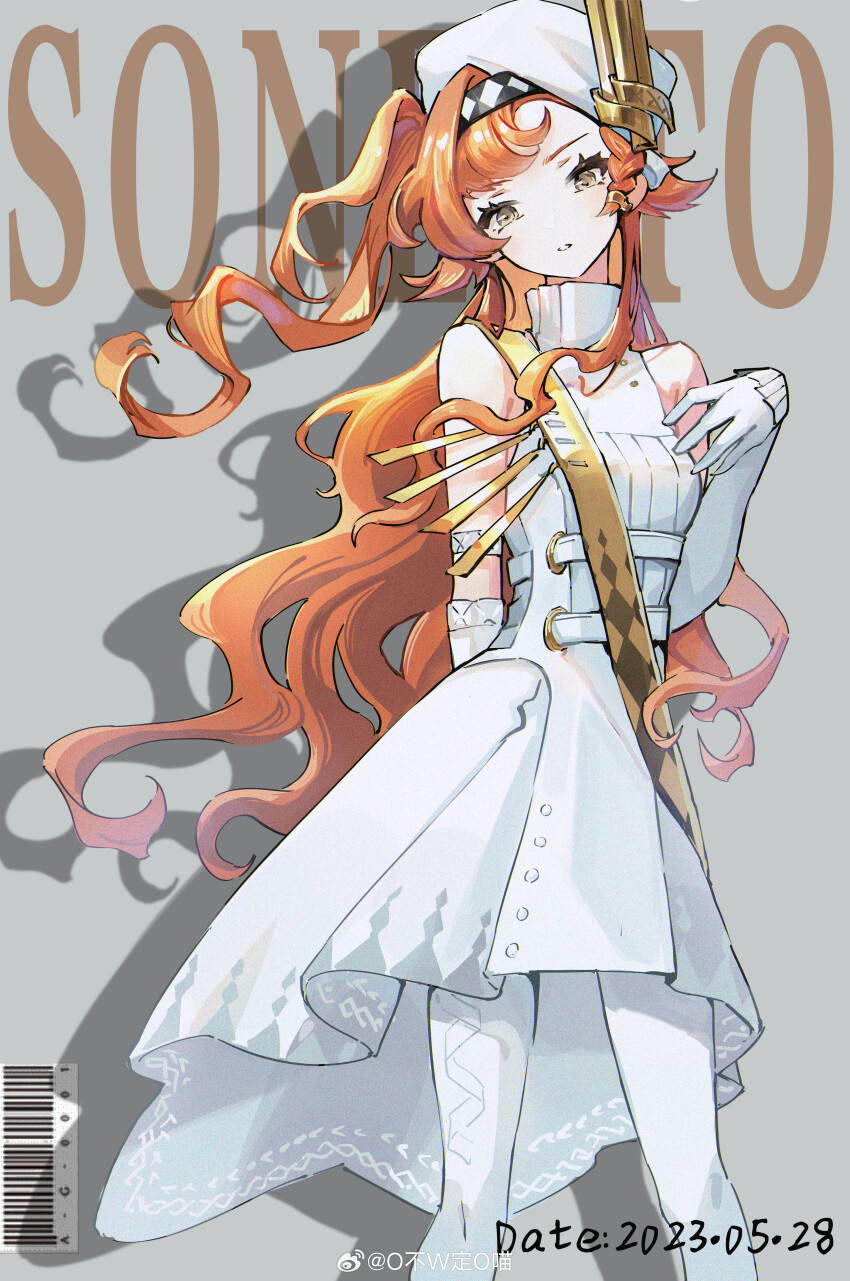 1girl, absurdres, barcode, bare_shoulders, beret, character_name, checkered_hairband, dated