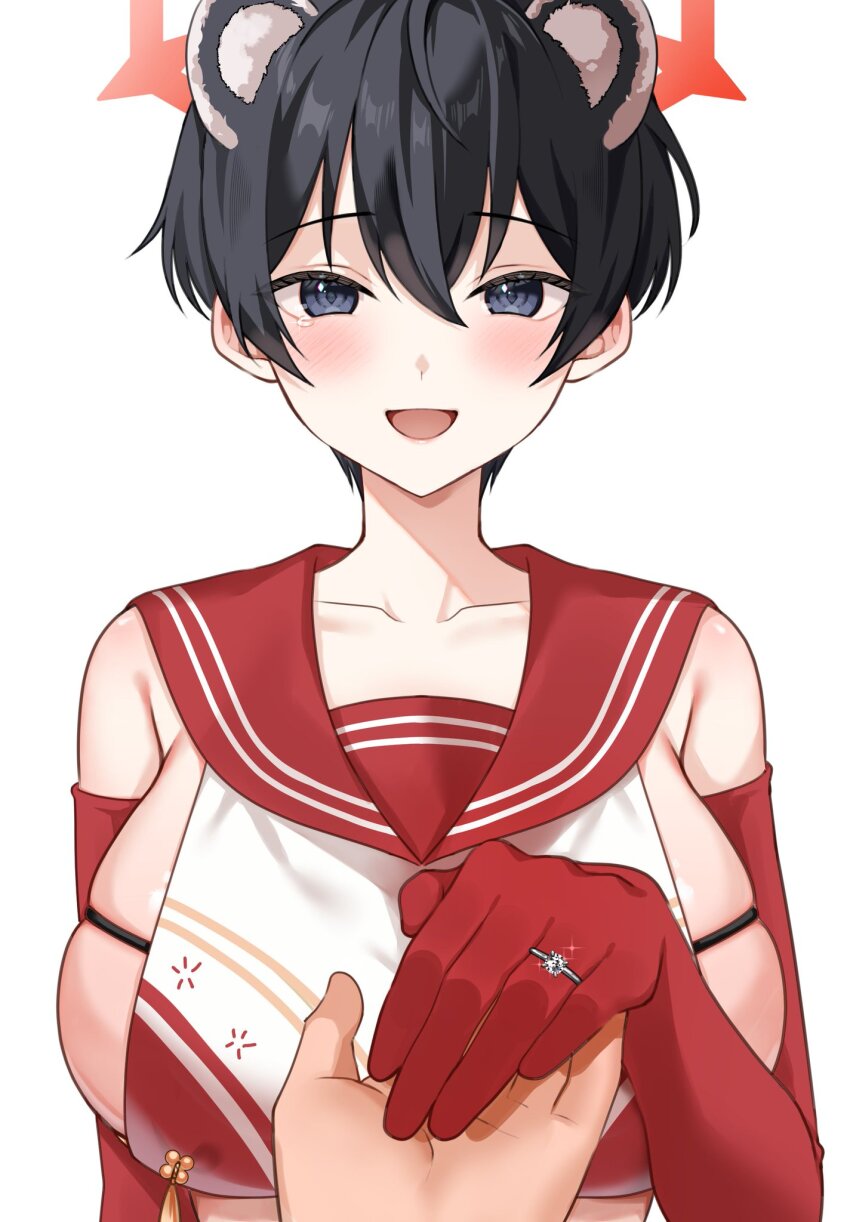 1girl, :d, animal_ears, bansyono-mamoribito, bear_ears, black_eyes, black_hair, blue_archive