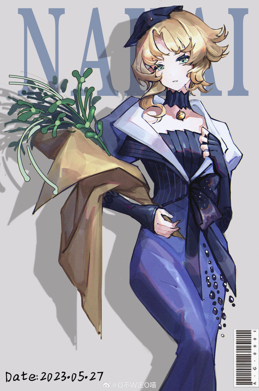 1girl, absurdres, acorn_pendant, barcode, black_choker, black_hat, blonde_hair, blue_dress