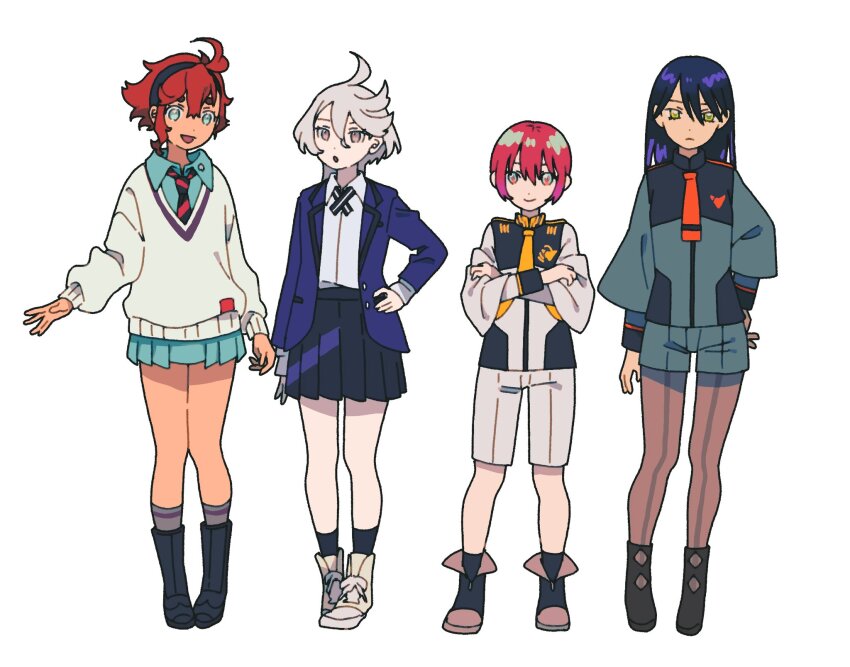 4girls, ahoge, amate_yuzuriha, aqua_eyes, asticassia_school_uniform, black_hairband, company_connection, cosplay