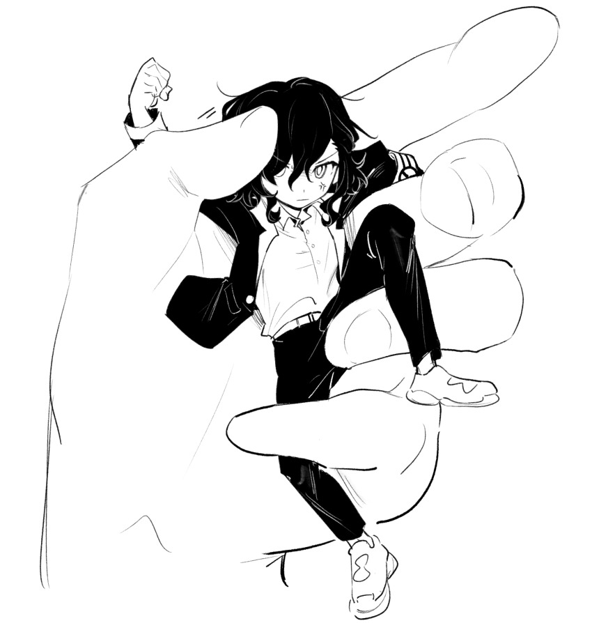 1boy, 1other, :|, anger_vein, annoyed, arm_rest, arm_up, belt