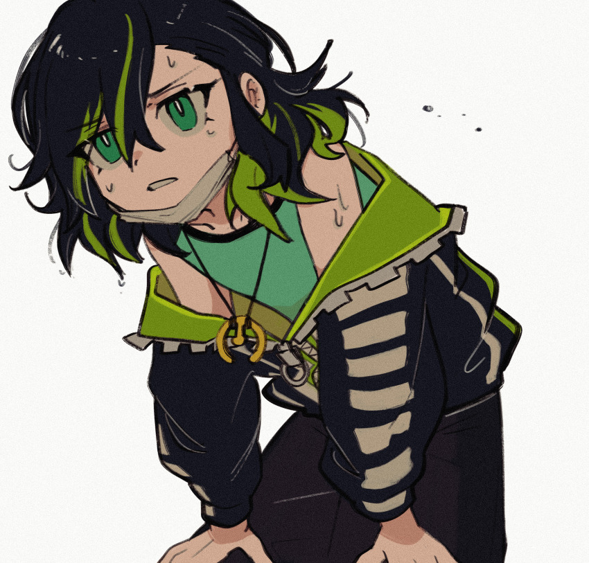 1boy, bare_shoulders, bishounen, black_hair, black_jacket, black_pants, bright_pupils, cowboy_shot