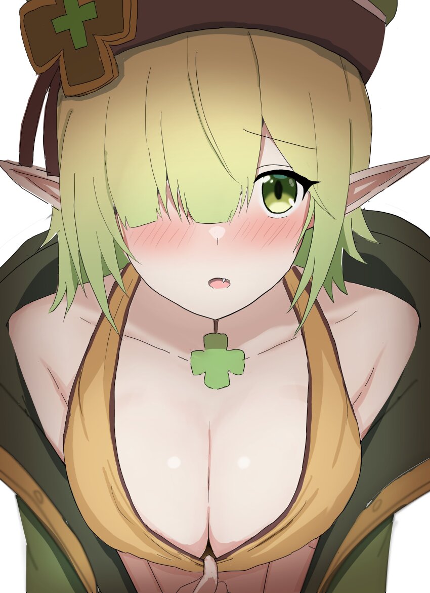 1girl, absurdres, alternate_breast_size, aoi_(camp)_(princess_connect!), aoi_(princess_connect!), breasts, cleavage, clover_hat_ornament