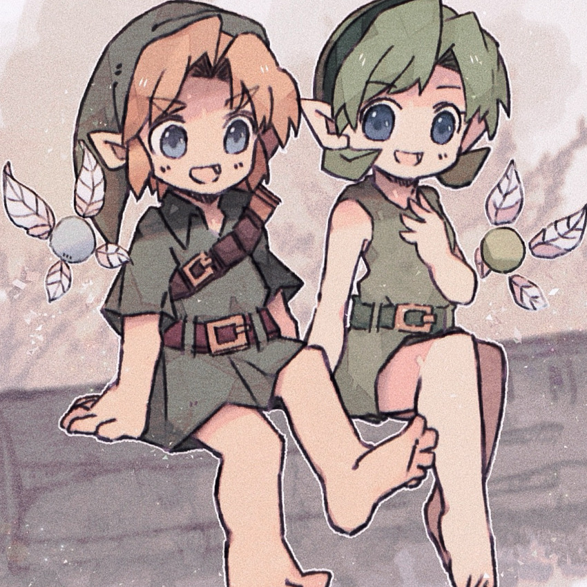 1boy, 1girl, ankomochi_(tomatoaaa), barefoot, belt, blonde_hair, blue_eyes, fairy, foot_out_of_frame, green_hair, green_hat, green_tunic, hand_on_own_chest, hat, highres, light_blush, link, navi, nintendo, open_mouth, parted_bangs, pointy_ears, saria_(zelda), scabbard, sheath, short_hair, short_sleeves, shoulder_belt, sidelocks, sitting, smile, the_legend_of_zelda, the_legend_of_zelda:_ocarina_of_time, tunic, young_link