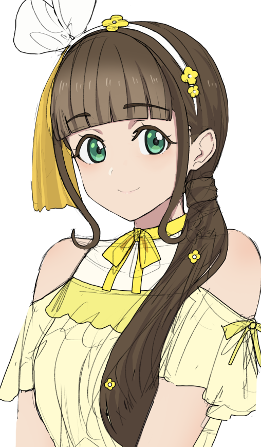 1girl, aiai_(okiraku_rough_nisshi), blunt_bangs, bow, bow_hairband, breasts, brown_hair, closed_mouth