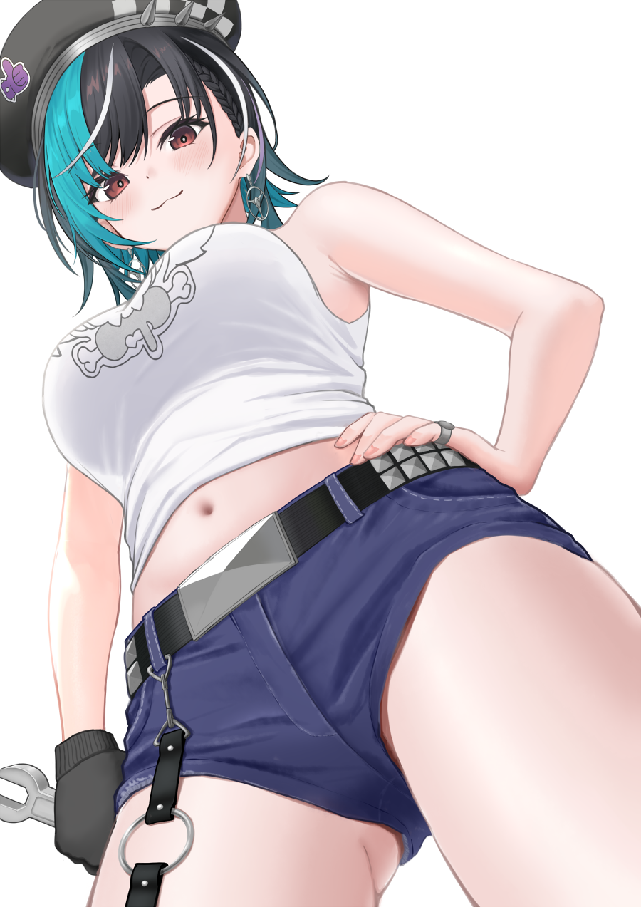 1girl, belt, beret, black_belt, black_hair, black_hat, breasts, earrings, emyu_b, green_hair, hand_on_own_hip, hat, highres, hololive, hololive_dev_is, jewelry, large_breasts, looking_at_viewer, looking_down, multicolored_hair, navel, purple_shorts, red_eyes, rindo_chihaya, rindo_chihaya_(1st_costume), ring, shirt, short_hair, short_shorts, shorts, smile, solo, streaked_hair, virtual_youtuber, white_background, white_hair, white_shirt, wrench