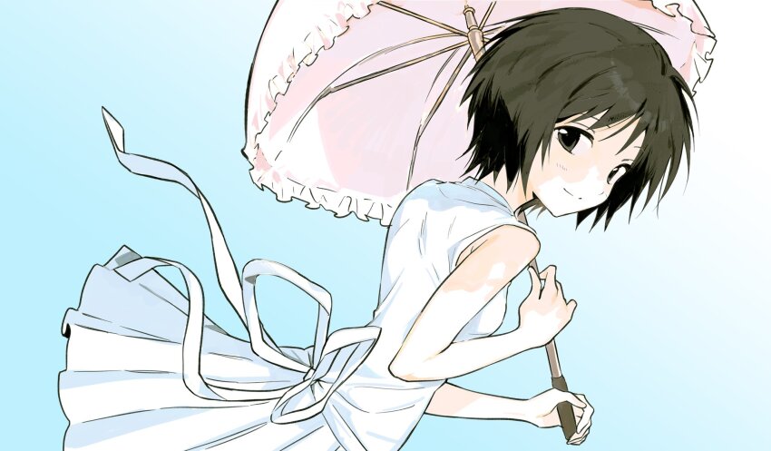 1girl, bare_arms, bare_shoulders, black_eyes, black_hair, closed_mouth, deezydays, dress