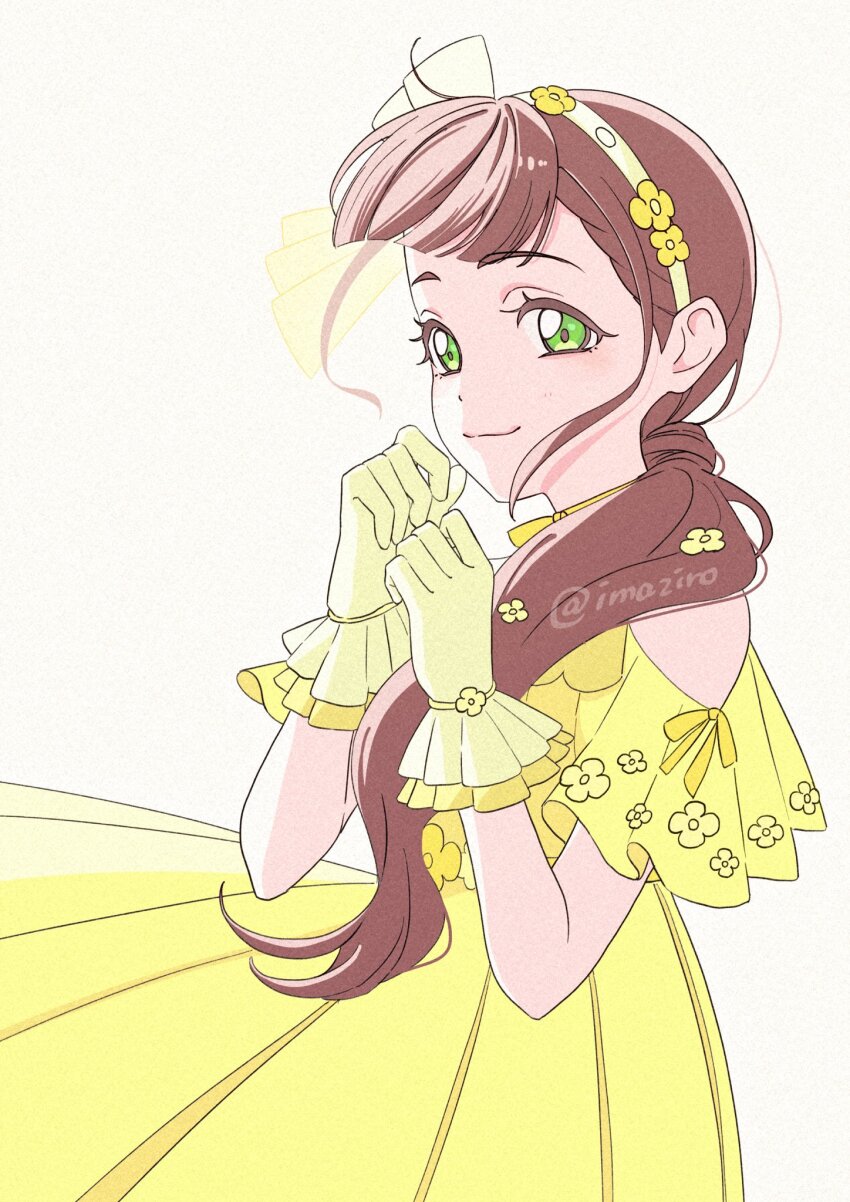 1girl, :3, blunt_bangs, blush, bow, bow_hairband, brown_hair, center-flap_bangs