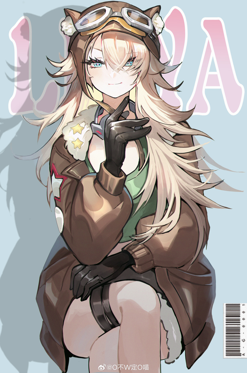 1girl, absurdres, animal_ear_headwear, animal_ears, aviator_cap, barcode, black_gloves, blonde_hair