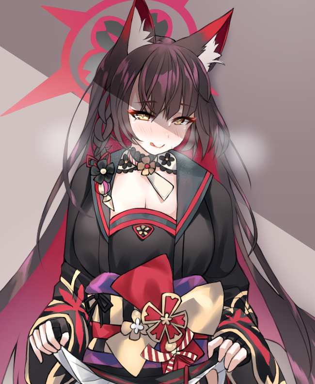 1girl, :q, animal_ear_fluff, animal_ears, black_hair, blue_archive, blush, breasts, colored_inner_hair, commentary, fox_ears, halo, japanese_clothes, long_hair, long_sleeves, multicolored_hair, nekoshima_yui, red_hair, red_halo, solo, sweatdrop, tongue, tongue_out, wakamo_(blue_archive), wide_sleeves, yellow_eyes