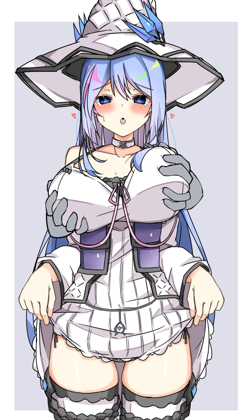 blue_hair, choker, clothes_lift, disembodied_hand, dress, duel_monster, grabbing_another's_breast, grabbing_from_behind