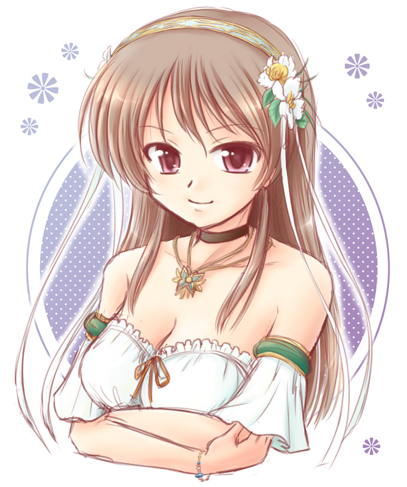 1girl, aiyoku_no_eustia, akihara_ryo, akihara_ryou, bare_shoulders, breasts, brown_hair, cleavage
