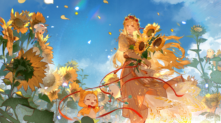 1girl, ^_^, absurdres, animal, apron, blonde_hair, blue_sky, bouquet