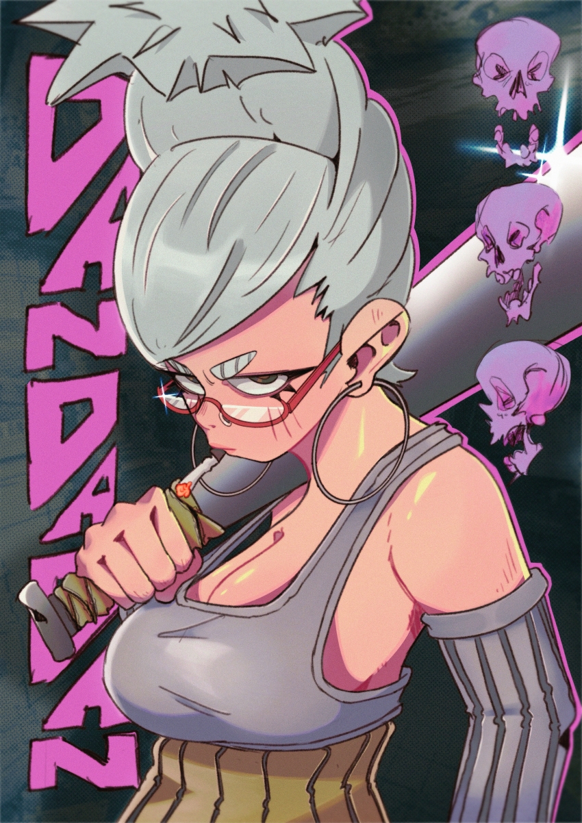 1girl, absurdres, arm_warmers, ayase_seiko, baseball_bat, beehive_hairdo, breasts, cigarette, commentary, copyright_name, dandadan, earrings, english_commentary, ggggrg00, glasses, grey_arm_warmers, grey_hair, highres, holding, holding_baseball_bat, hoop_earrings, jewelry, mature_female, metal_baseball_bat, red-framed_eyewear, semi-rimless_eyewear, skull, solo, tall_hair