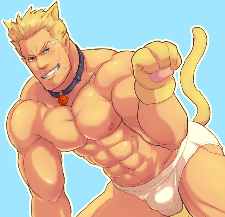 1boy, abs, animal_ears, animal_hands, bara, beard_stubble, bell, blonde_hair