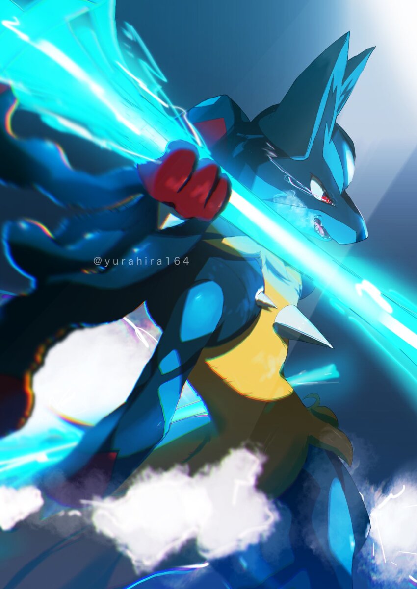 1other, black_hair, bone_rush_(pokemon), commentary, furry, gen_4_pokemon, highres, holding, lucario, mega_lucario, mega_pokemon, nintendo, open_mouth, pokemon, pokemon_(creature), red_eyes, solo, spikes, teeth, twitter_username, yurahira164