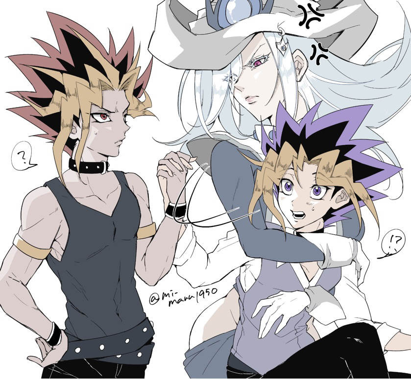 !?, 1girl, 2boys, ?, anger_vein, black_choker, black_pants, black_shirt