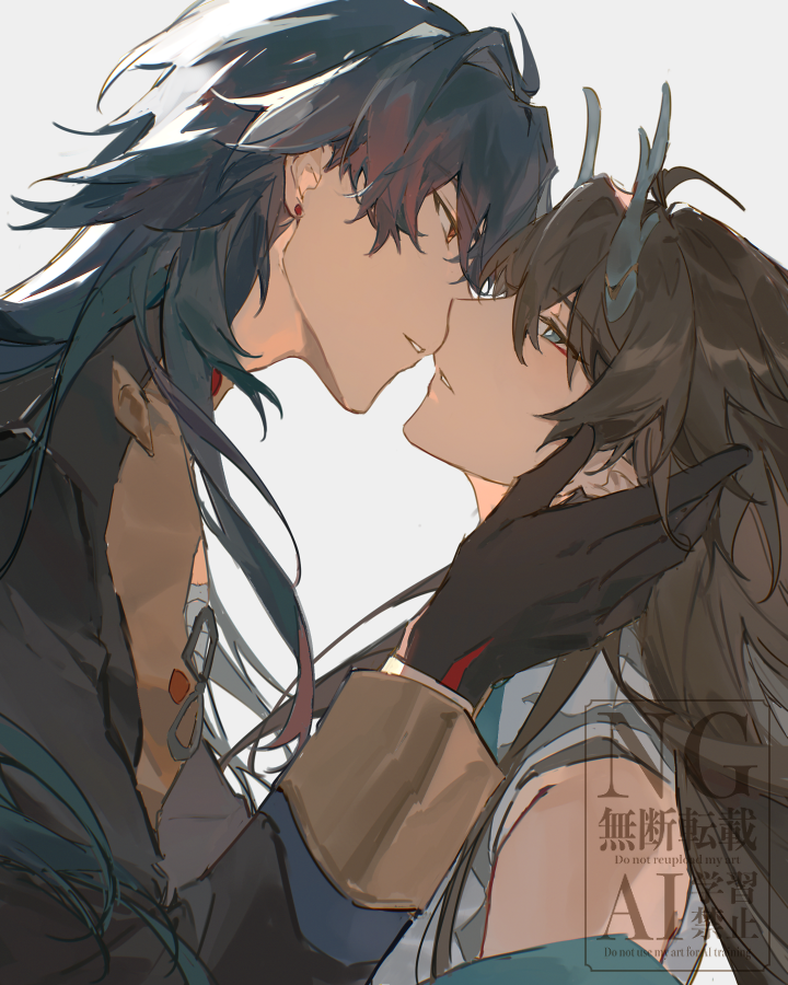 2boys, bandaged_chest, bare_shoulders, black_gloves, black_hair, black_jacket, blade_(honkai:_star_rail), dan_heng_(honkai:_star_rail)