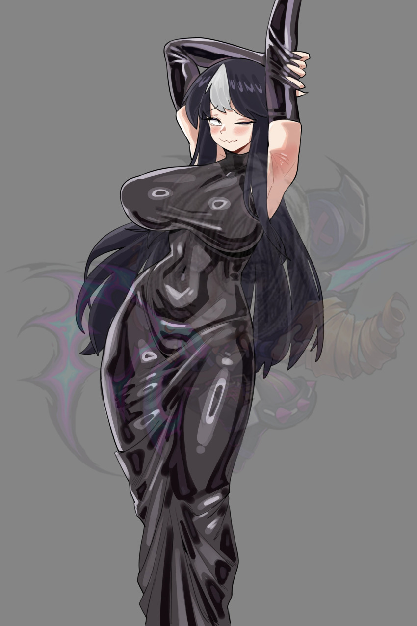 1girl, absurdres, armpits, black_dress, black_eyes, black_gloves, black_hair, blush