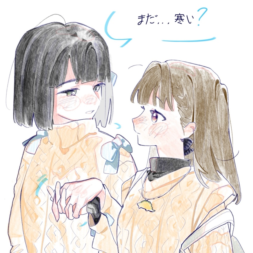 2girls, aran_sweater, black_bow, black_hair, black_sweater, blue_bow, blunt_bangs, blunt_ends