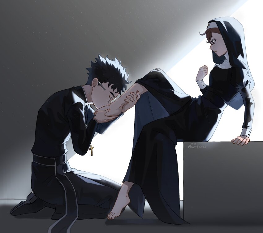 1boy, 1girl, artist_name, ayase_momo, black_hair, brown_hair, couple, dandadan, glasses, highres, kissing_foot, nun, signature, takakura_ken_(dandadan), twitter_username, wolf6481