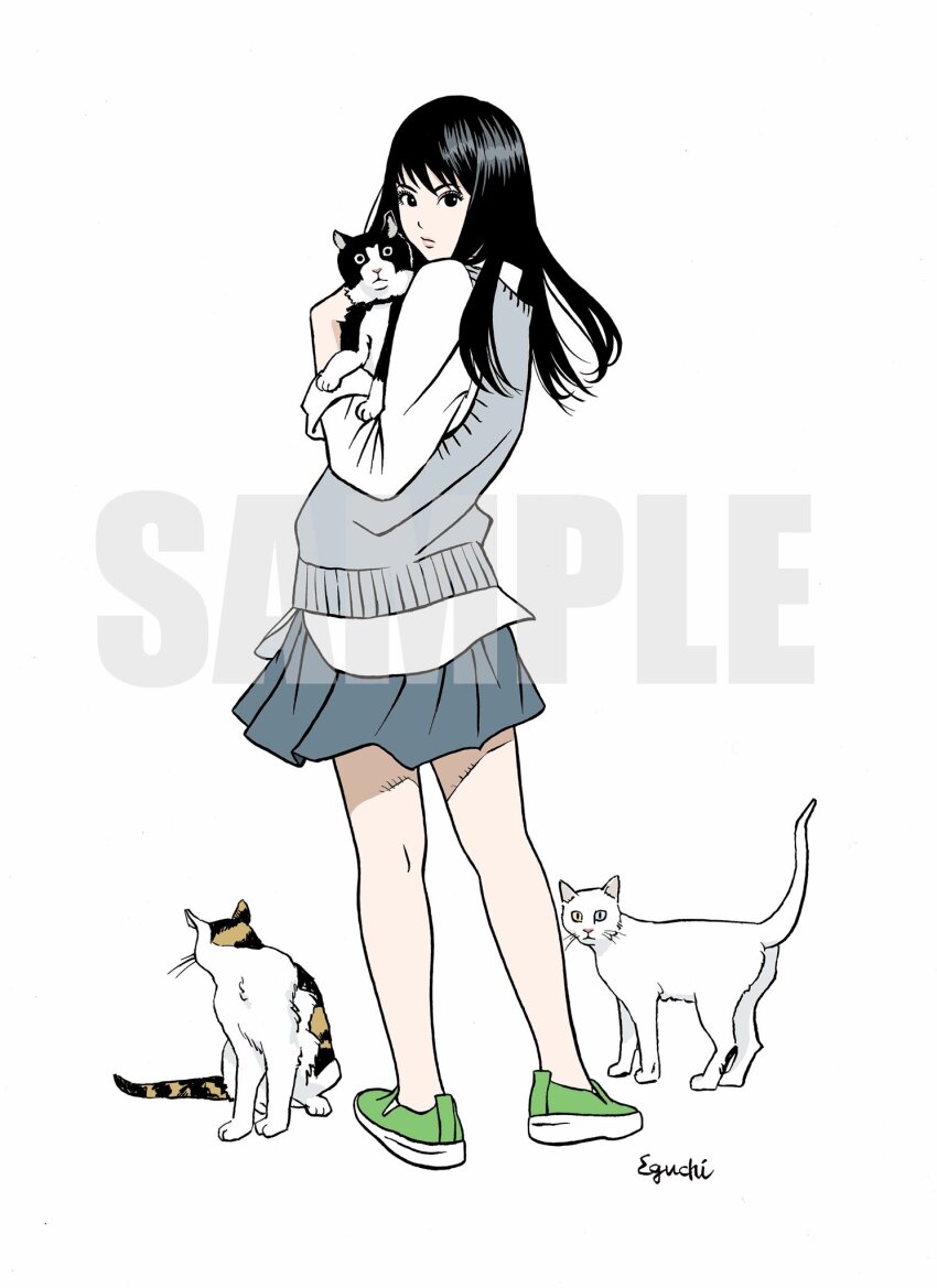 1girl, animal, black_eyes, black_hair, cat, closed_mouth, collared_shirt, eguchi_hisashi, from_behind, full_body, green_footwear, highres, holding, holding_animal, holding_cat, long_hair, long_sleeves, looking_at_viewer, looking_back, original, pink_lips, pleated_skirt, sample_watermark, shirt, signature, simple_background, sitting, skirt, sleeves_rolled_up, socks, solo, standing, tortoiseshell_cat, unworn_socks, watermark, white_background, white_cat, white_shirt