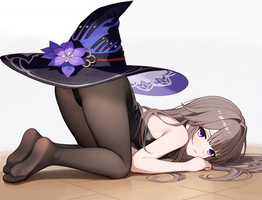 1girl, bare_shoulders, black_leotard, black_pantyhose, brown_hair, flower, hat, hat_flower