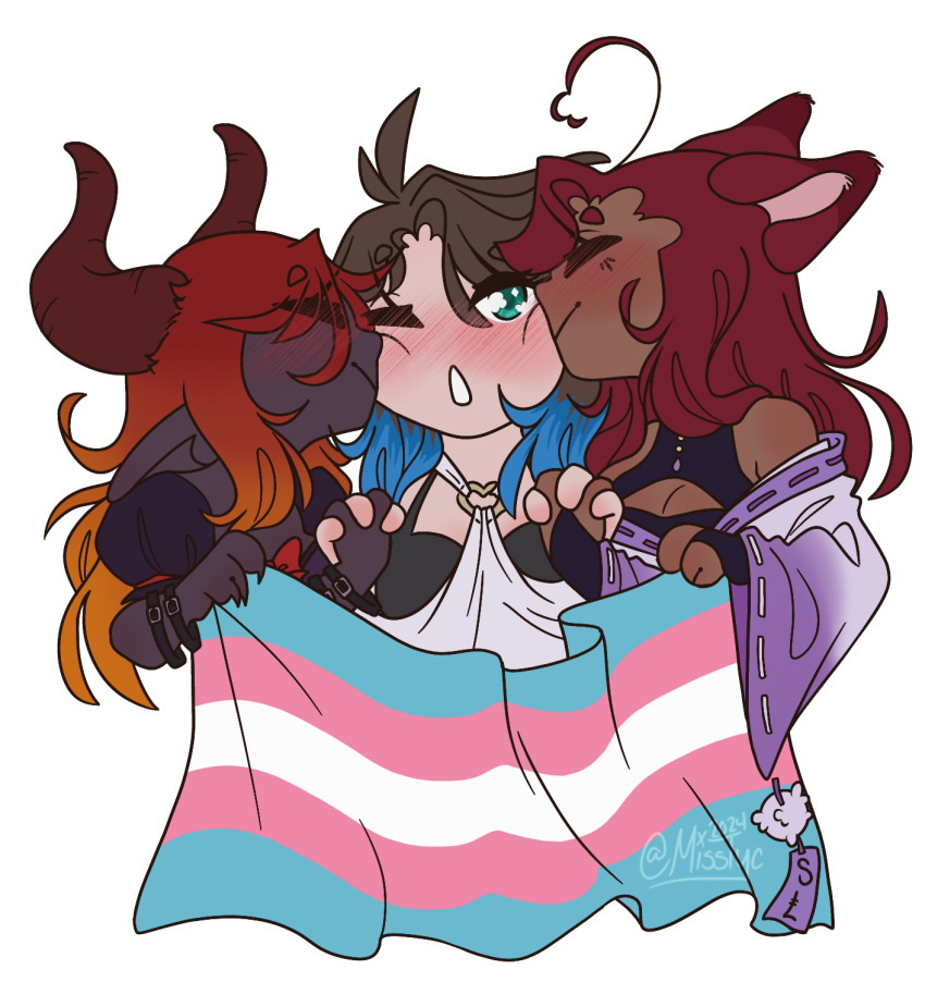 3girls, animal_ears, belt, black_bra, blue_hair, blush, bra, bracelet, bridal_gauntlets, brown_hair, celevii_(celevii), claws, cleavage_cutout, clothing_cutout, colored_skin, cyn_(sarzelight), dark-skinned_female, dark_skin, demon_girl, demon_horns, elf, full-face_blush, green_eyes, grey_skin, heart, heart_o-ring, heart_ring_top, highres, holding_hands, horns, japanese_clothes, jewelry, kimono, kiss, lilith_(primordiallilith), long_sleeves, multicolored_hair, multiple_girls, mxmisstyc, o-ring, open_mouth, orange_hair, original, pointy_ears, polyamory, puffy_sleeves, purple_kimono, purple_tag, raccoon_girl, red_hair, red_ribbon, ribbon, shirt, tanuki_ears, transgender_flag, two-tone_hair, underwear, watermark, white_shirt