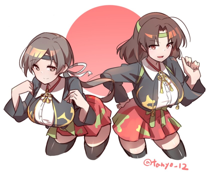 2girls, alternate_legwear, artist_name, black_thighhighs, blush, breasts, brown_hair, camouflage