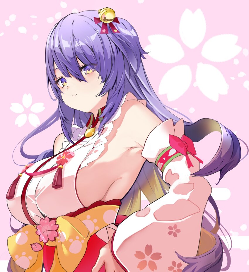 1girl, absurdres, bare_shoulders, blonde_hair, blush, breasts, cherry_blossom_print, closed_mouth