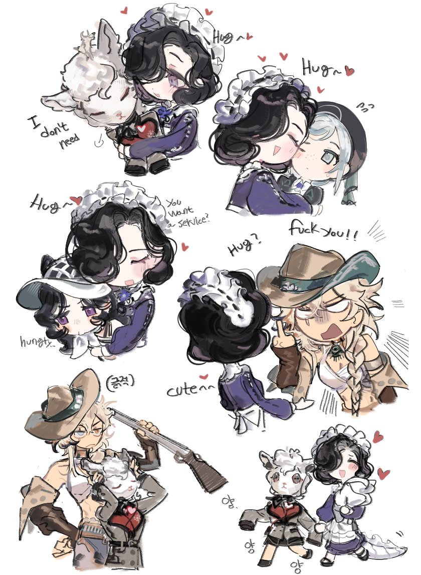 5girls, adjusting_headphones, angry, animal_head, anjo_nala, apron, argus_(reverse:1999), barbara_(reverse:1999)