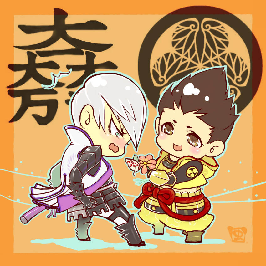 2boys, :d, absurdres, blush, brown_eyes, brown_hair, bug, butterfly, chibi, chibi_only, cropped_jacket, flower, green_eyes, grey_hair, highres, holding, holding_flower, insect, ishida_mitsunari_(sengoku_basara), jacket, jinbaori, male_focus, midriff, multiple_boys, mushimegane333, open_mouth, orange_background, sengoku_basara, short_hair, smile, surprised, tokugawa_ieyasu_(sengoku_basara), wavy_mouth, yaoi, yellow_jacket