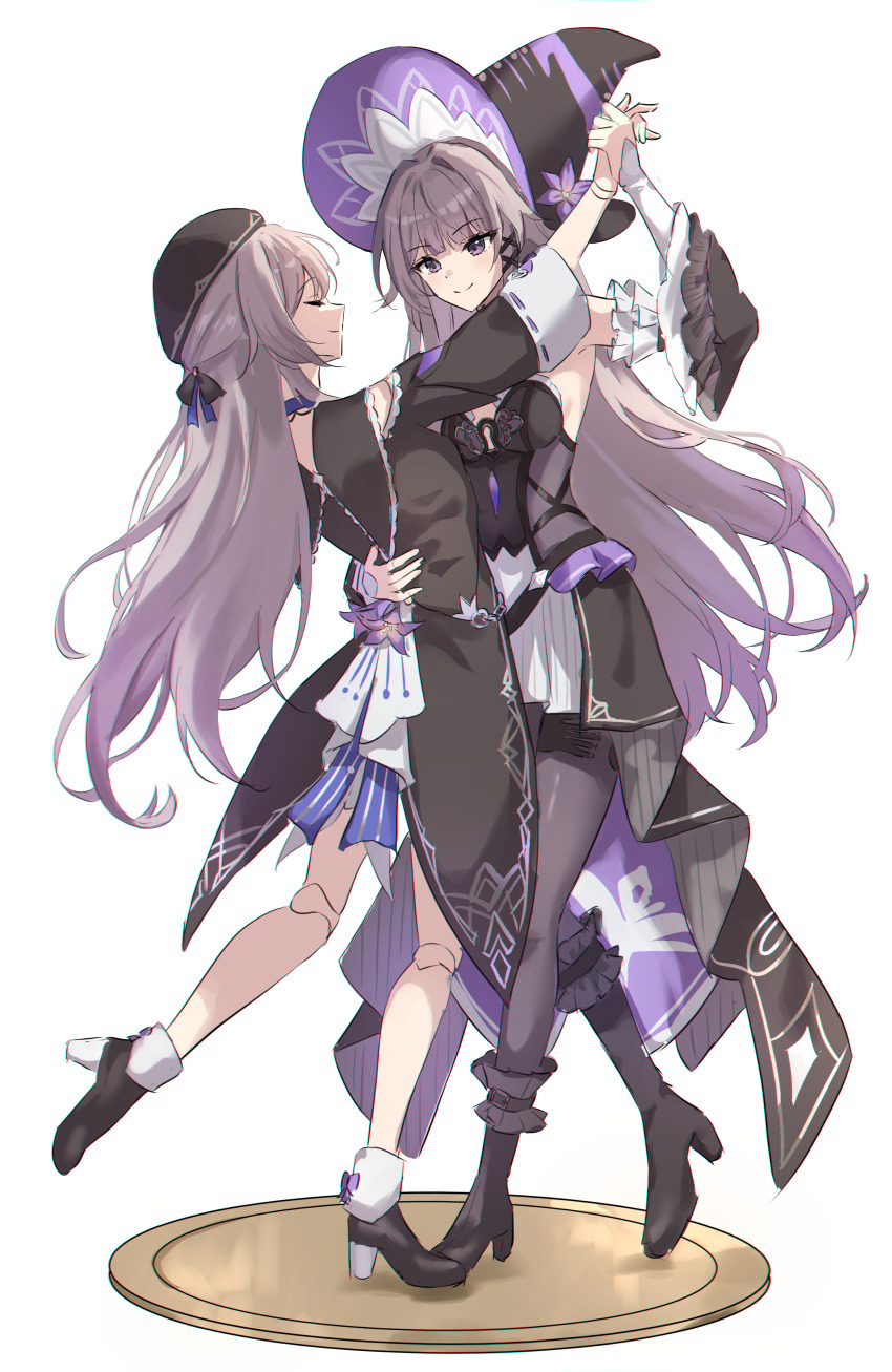 2girls, absurdres, ankle_boots, asymmetrical_legwear, beret, black_dress, black_footwear, black_hat